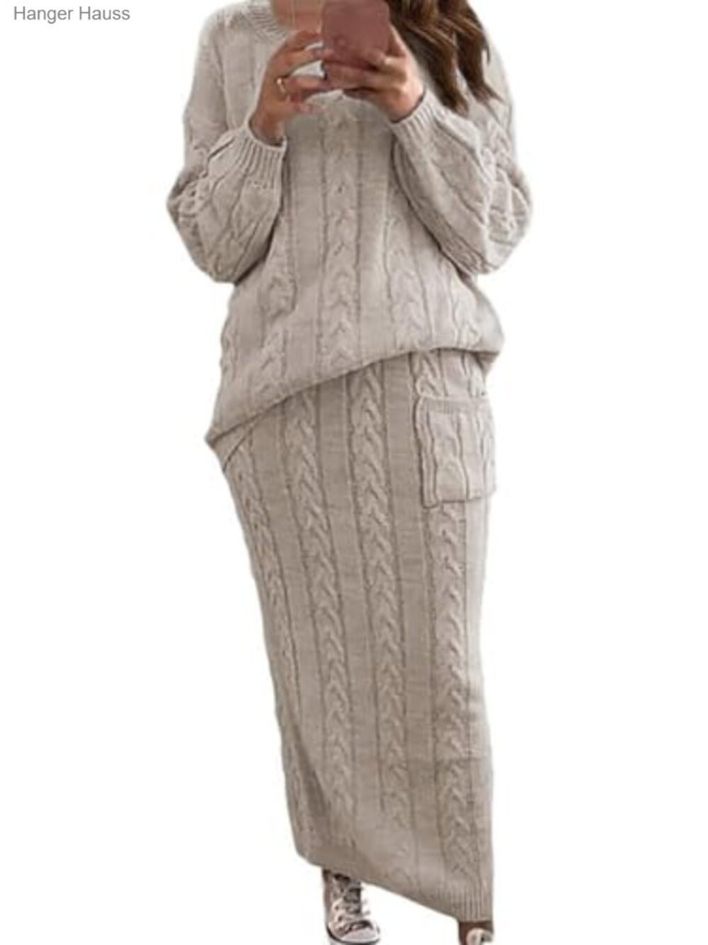 Chunky Cable Knit 2-Piece Sweater Skirt Set Loose Fit Pullover Winter Lounge